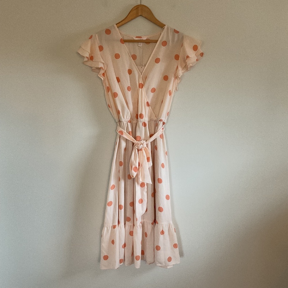 Lauren Conrad Faux Wrap Midi Dress Sz L Peach Orange Polka Dot Flutter Sleeve